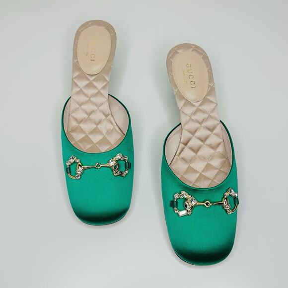 NIB Gucci Horsebit Crystals Satin Mules IT 36 US 6 Slip On Emerald Green Sandal - Picture 3 of 15